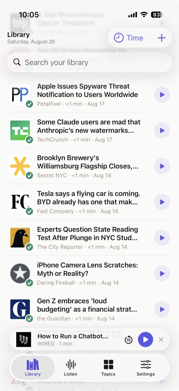 Briefcast library showing saved articles from PetaPixel, TechCrunch, Fast Company, Daring Fireball and the Guardian