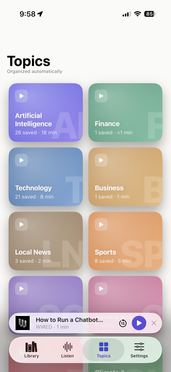 Topics screen: Artificial Intelligence 26 saved, Technology 21 saved, and more, each with a listening time